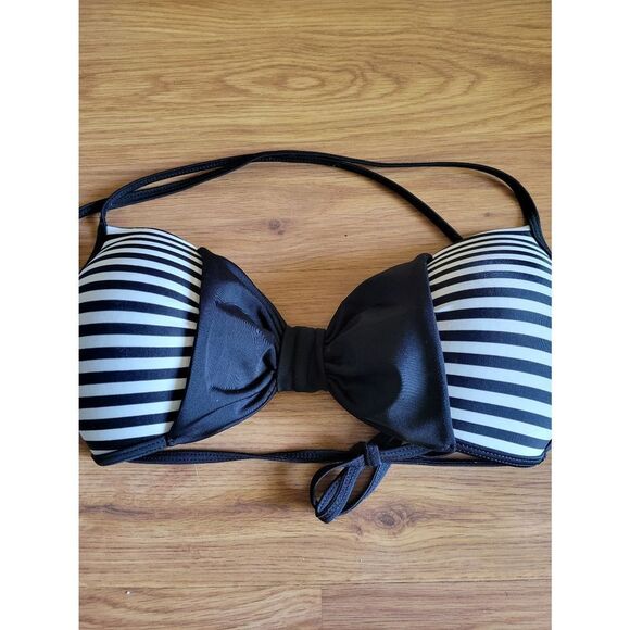 Women's Sunset Bikini Top Bow‎ Tie Black and White Stripes Size Large - Picture 4 of 4